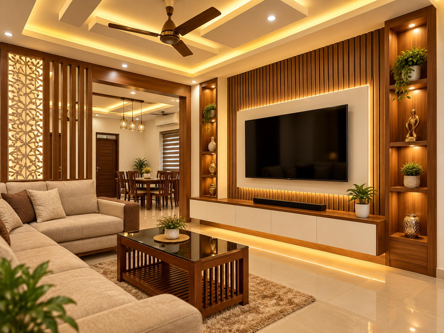 Living room TV wall and partition with warm cove lighting